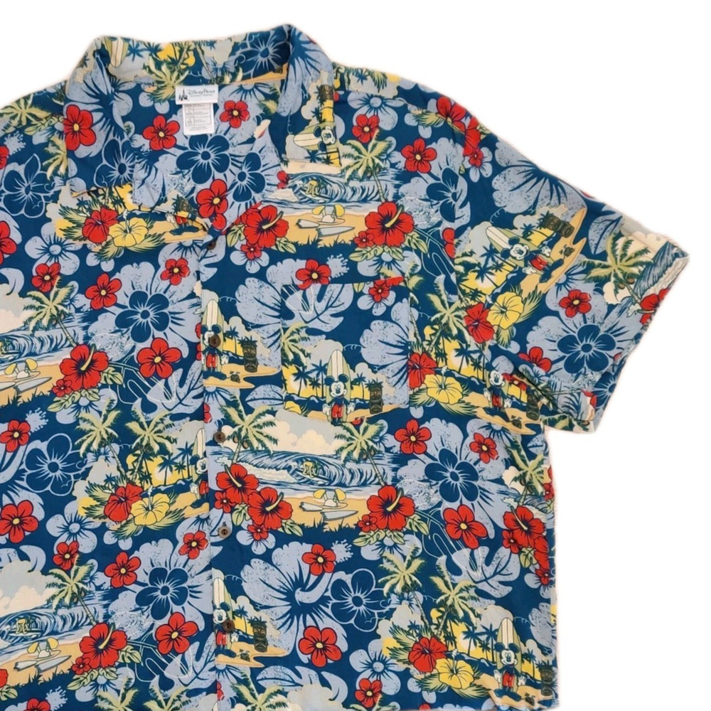 Disney Parks Hawaiian Shirt Men XXL Blue Floral Tiki Lightweight Mickey Vacation